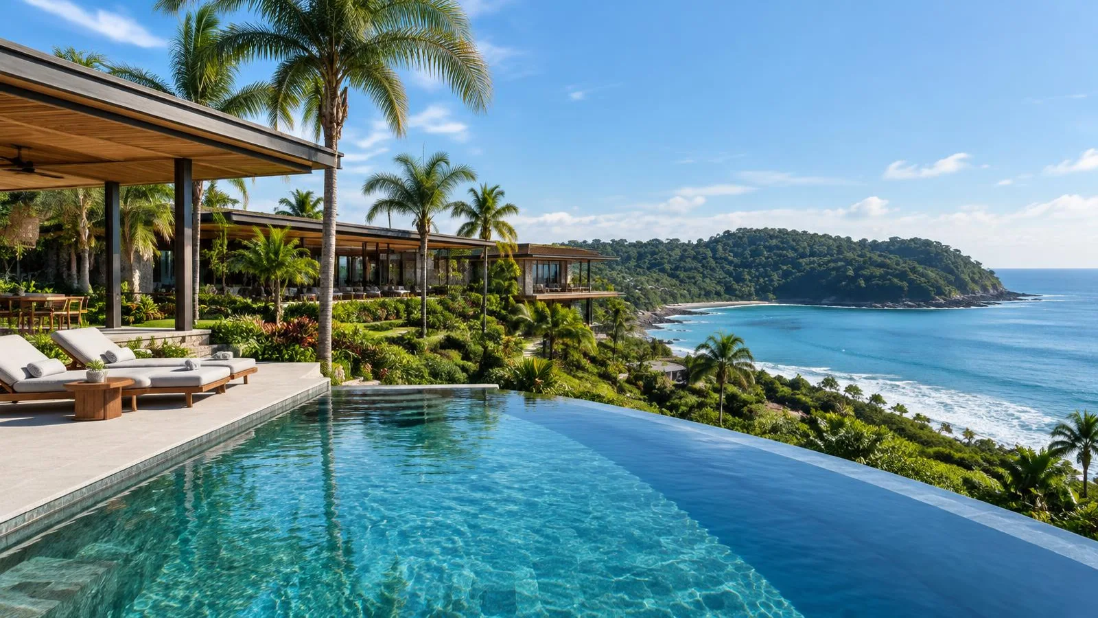 Illustration of an infinity pool overlooking a Pacific bay at a fictional Costa Rican boutique hotel