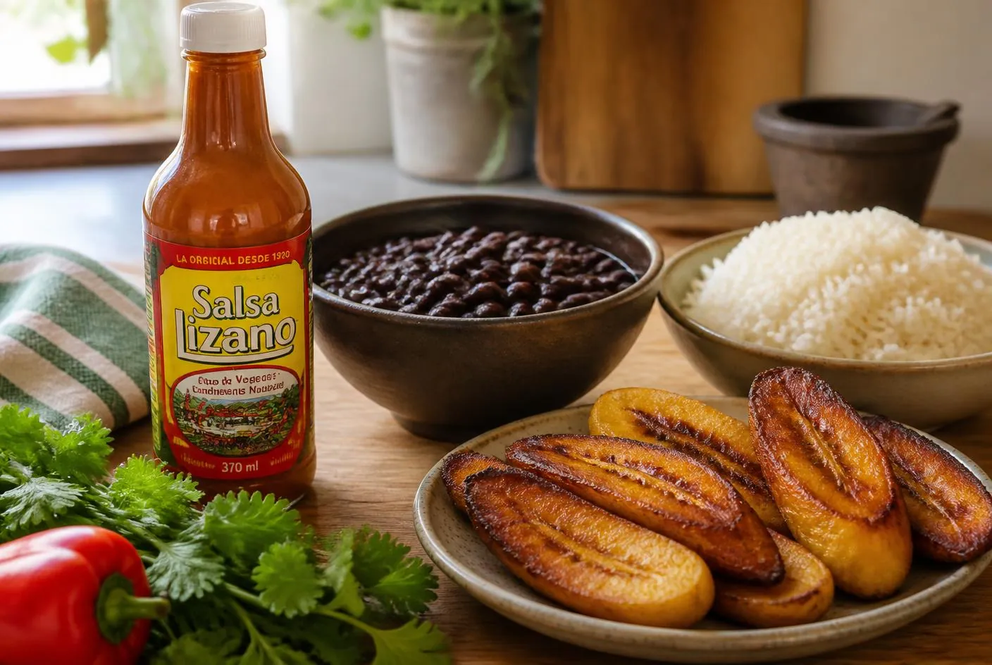 Salsa Lizano bottle beside black beans and fried plantains