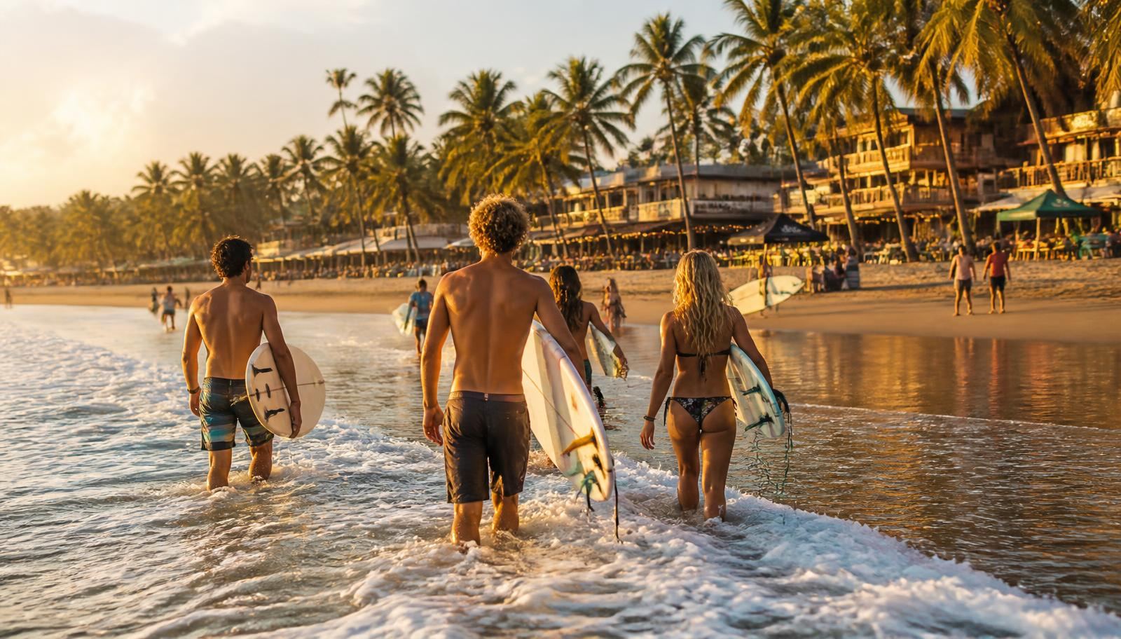 Surfers walking into the water at Tamarindo Beach in Guanacaste, Costa Rica