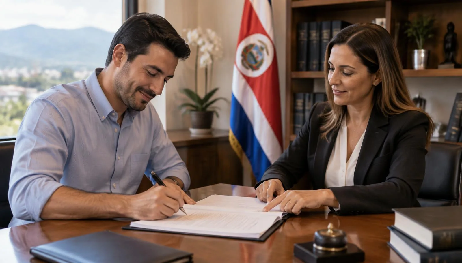Buyer signing mortgage documents with a Costa Rican attorney