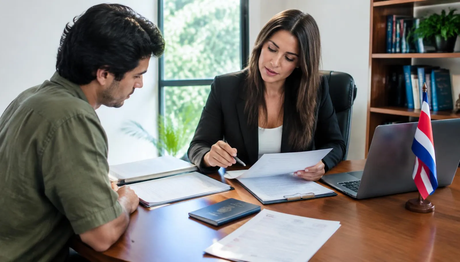 Applicant reviewing residency paperwork with an attorney