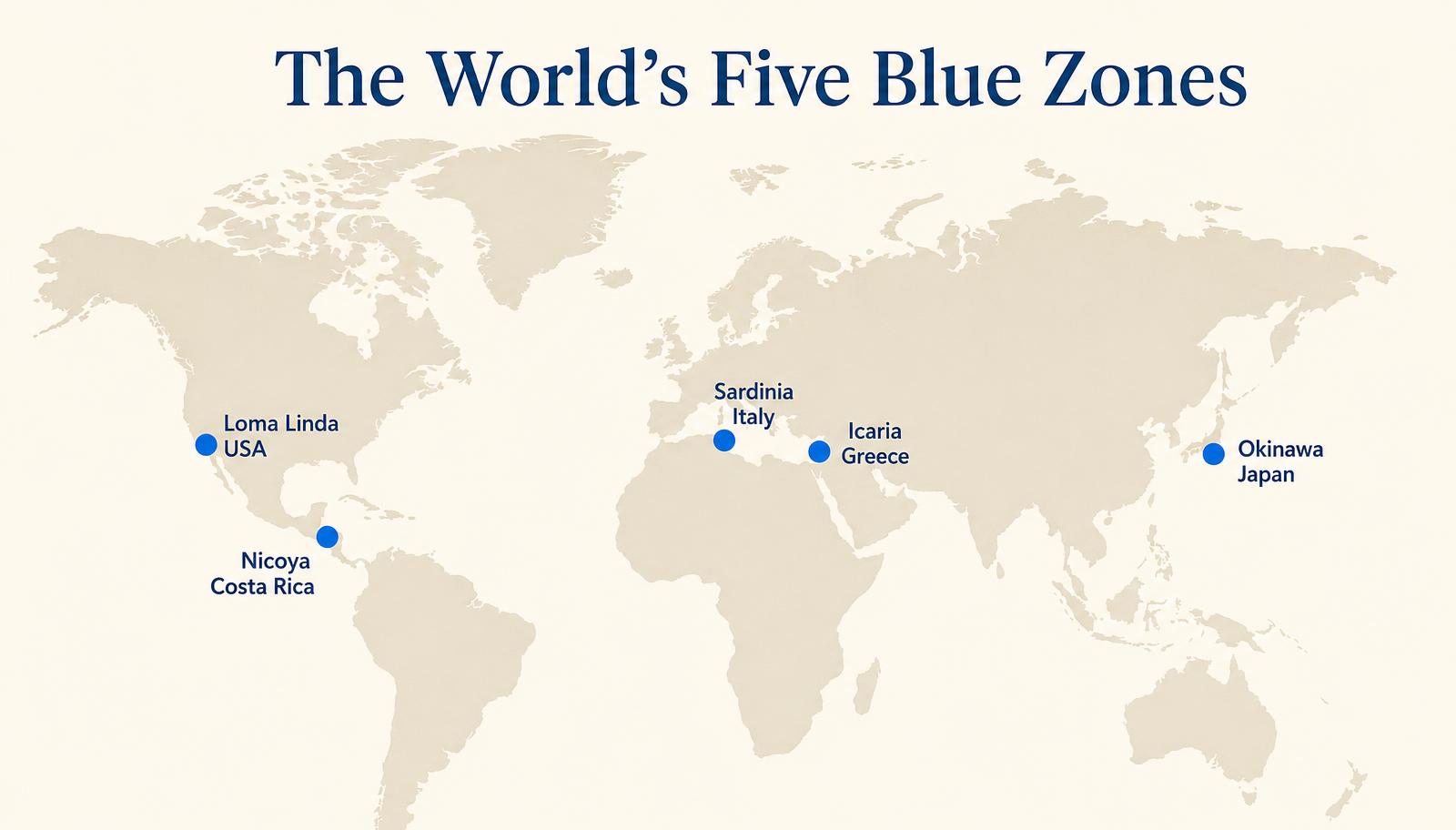Map of the world's five Blue Zones, including Nicoya, Costa Rica