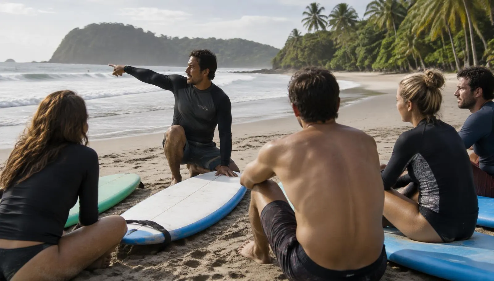 Surf instructor briefing students on the beach before a lesson