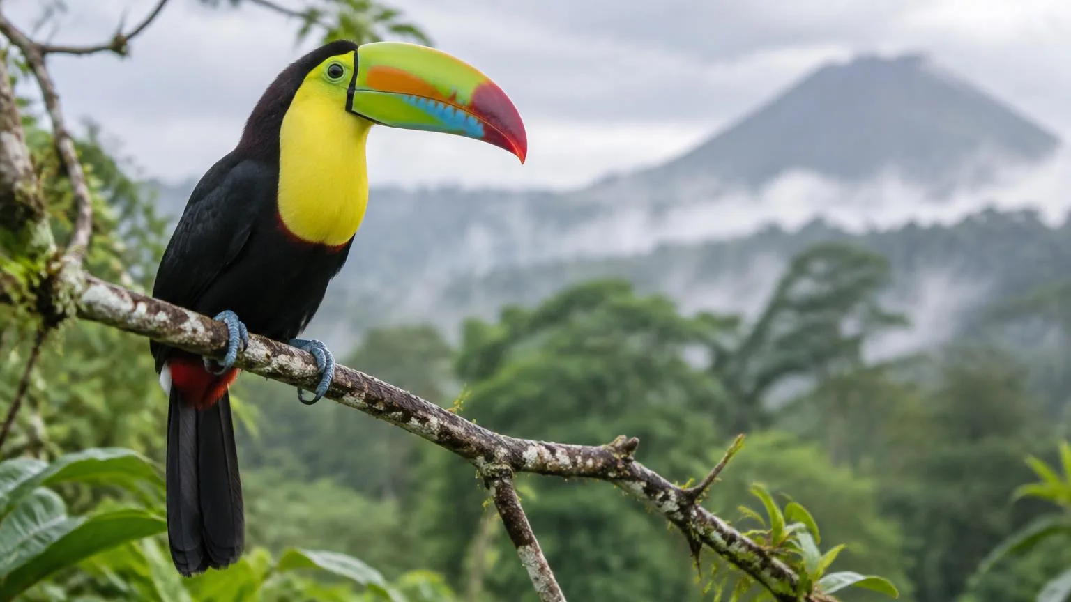 Keel-billed toucan perched on a branch near Arenal, Costa Rica